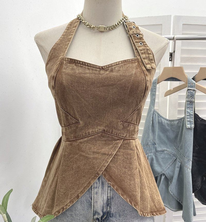 Halter Buckled Open Back Denim Crop Top