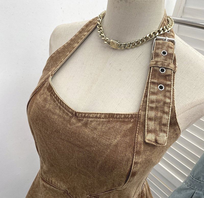 Halter Buckled Open Back Denim Crop Top