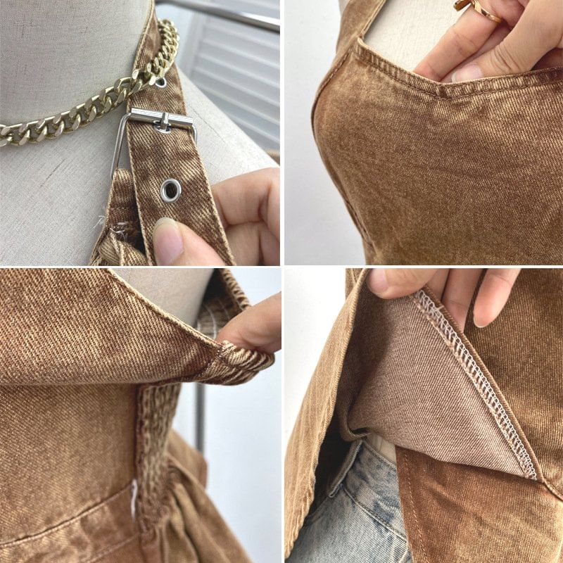 Buckled Open Back Denim Halter Crop Top