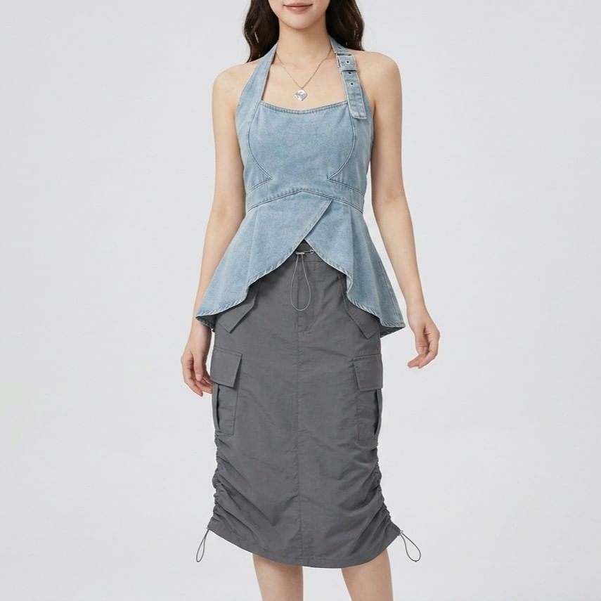 Halter Buckled Open Back Denim Crop Top