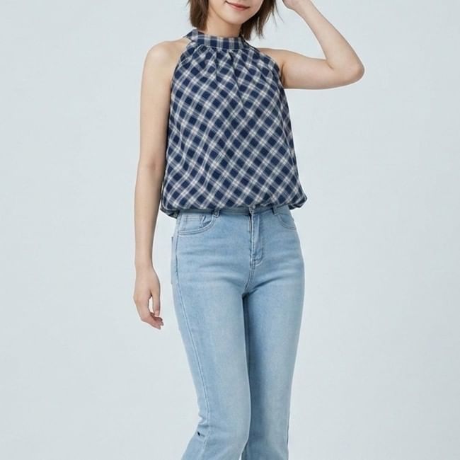 Halter Plaid Bubble Hem Top
