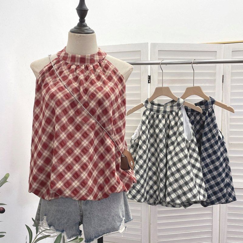 Halter Plaid Bubble Hem Top