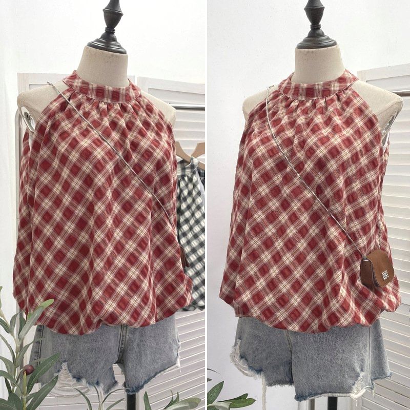 Halter Plaid Bubble Hem Top