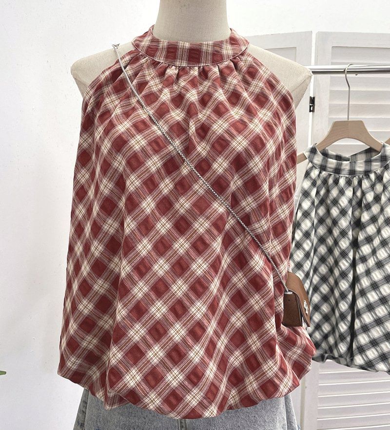 Halter Plaid Bubble Hem Top