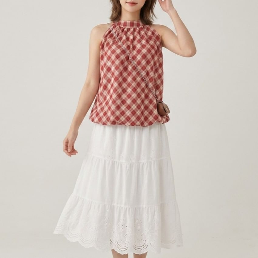 Halter Plaid Bubble Hem Top
