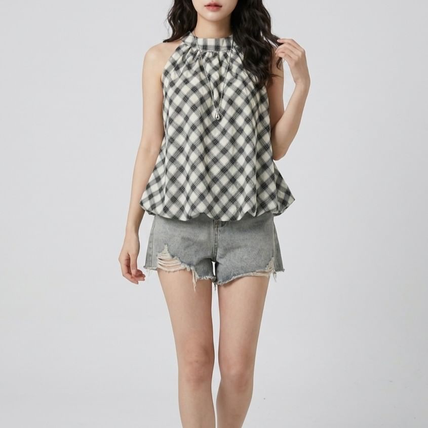 Plaid Halter Neck Bubble Hem Top