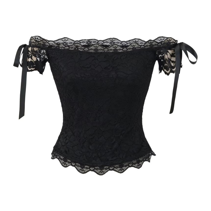 Sleeveless Off Shoulder Plain Bow Lace Top