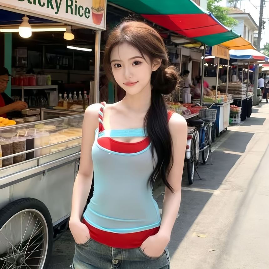 Scoop Neck Mock Two Piece Panel Lace Tank Top