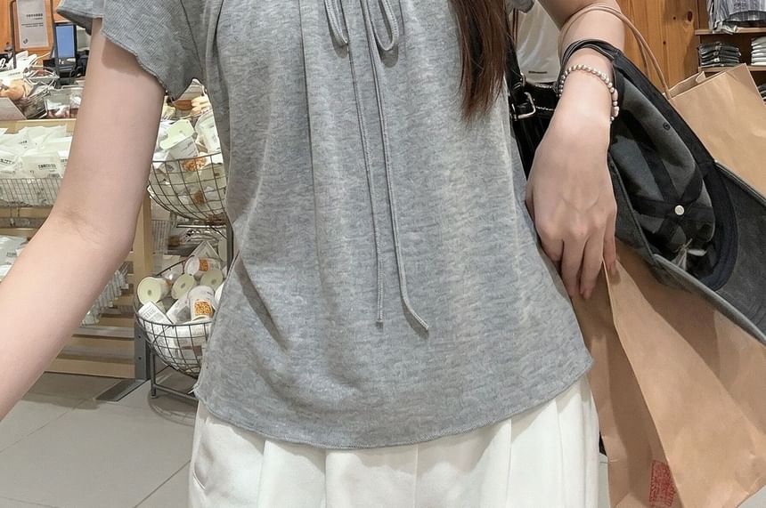 Short Sleeve Tie Neck Plain Top