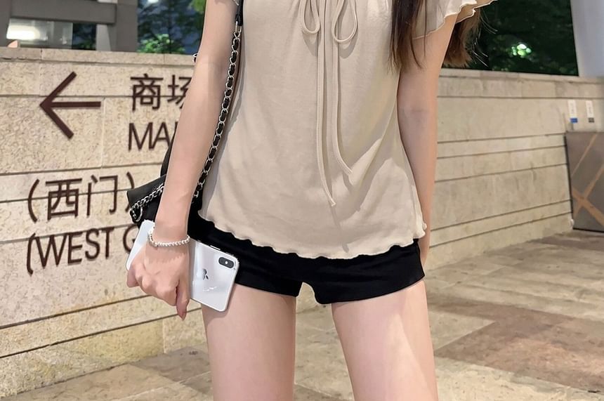 Short Sleeve Tie Neck Plain Top