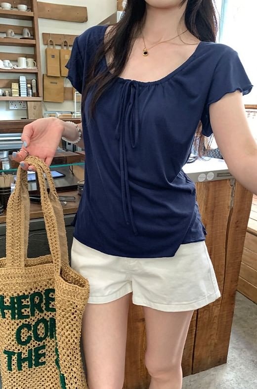 Short Sleeve Tie Neck Plain Top