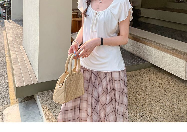 Short Sleeve Tie Neck Plain Top