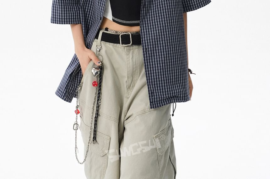 Short-Sleeve Collared Plaid Oversized Shirt