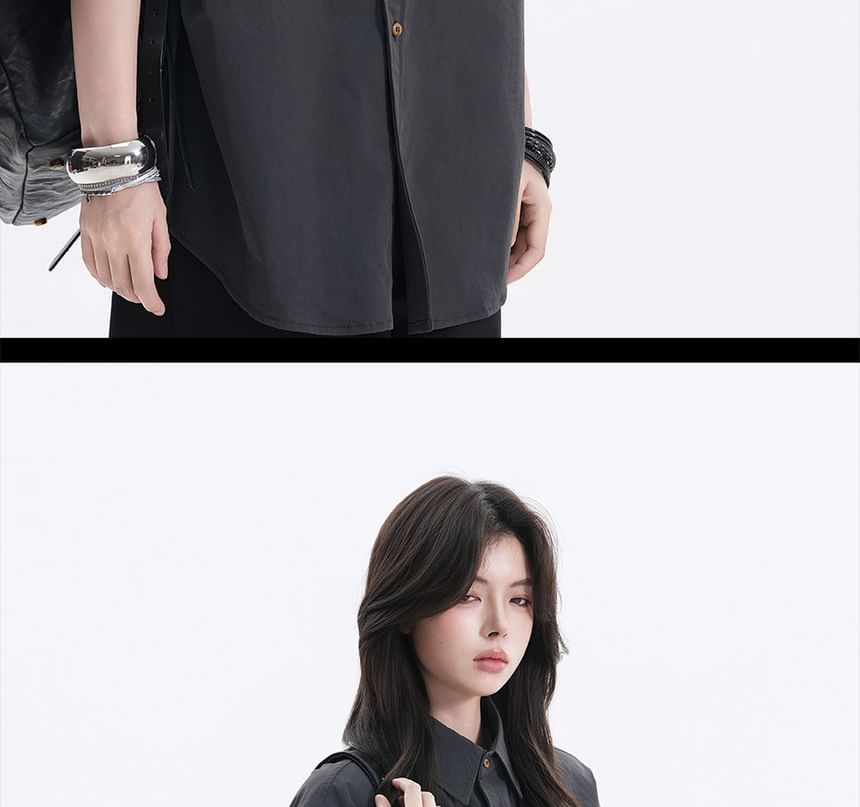 Short-Sleeve Collared Plain Button Up Oversized Shirt