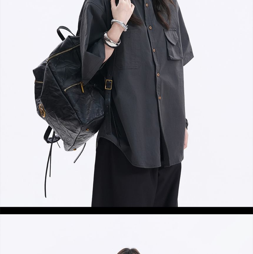 Short-Sleeve Collared Plain Button Up Oversized Shirt