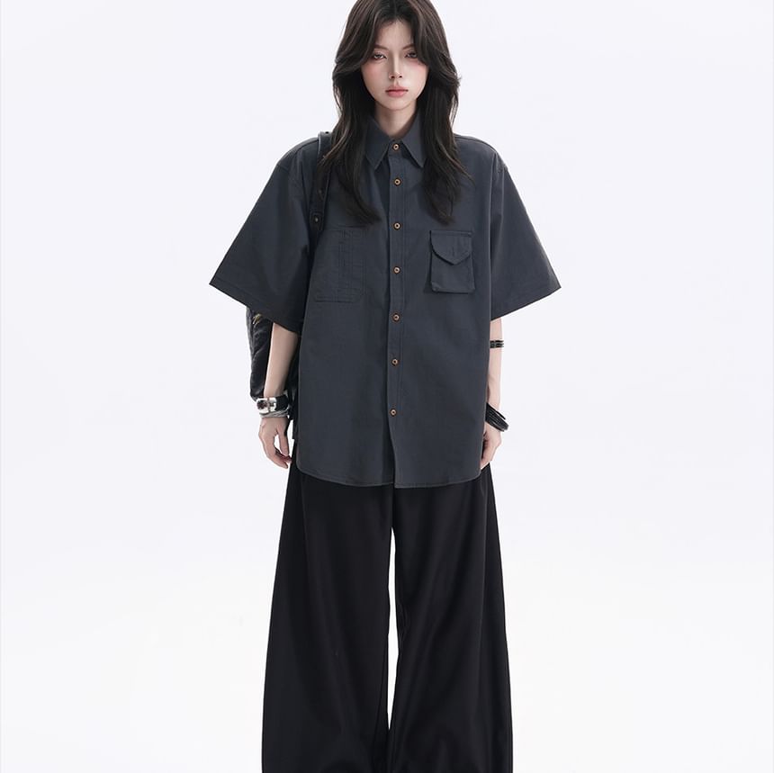 Short-Sleeve Collared Plain Button Up Oversized Shirt