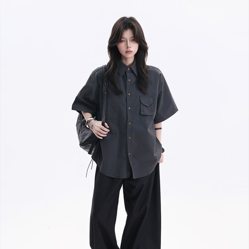 Short-Sleeve Collared Plain Button Up Oversized Shirt