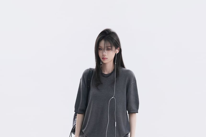 Elbow-Sleeve Crew Neck Plain Oversized Knit Top