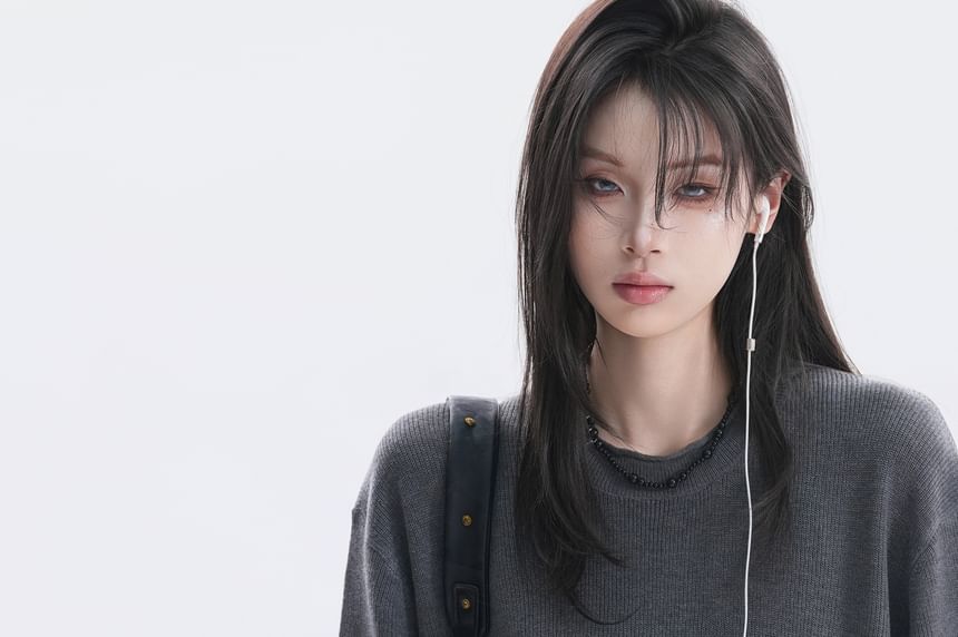 Elbow-Sleeve Crew Neck Plain Oversized Knit Top