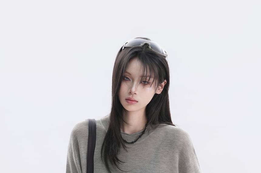 Elbow-Sleeve Crew Neck Plain Oversized Knit Top