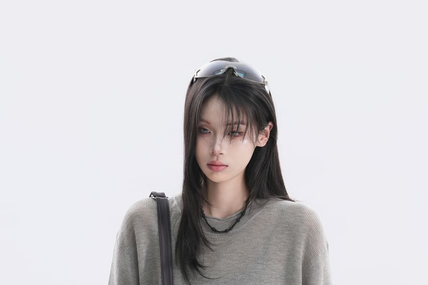 Elbow-Sleeve Crew Neck Plain Oversized Knit Top