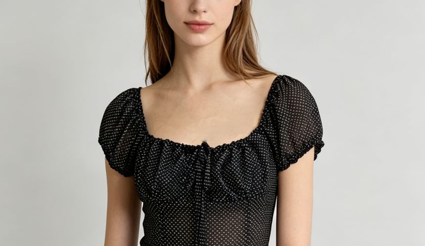 Polka Dot Puff Sleeve Sheer Tie-Front Blouse