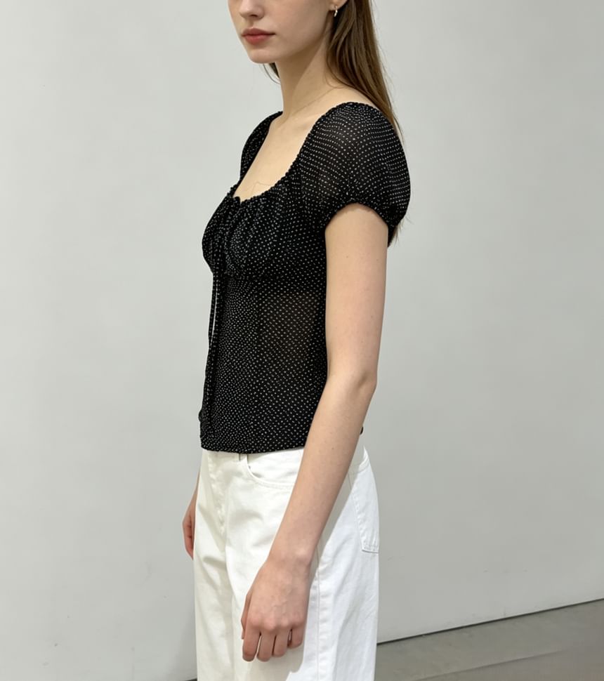 Puff-Sleeve Polka Dot Sheer Tie-Front Blouse