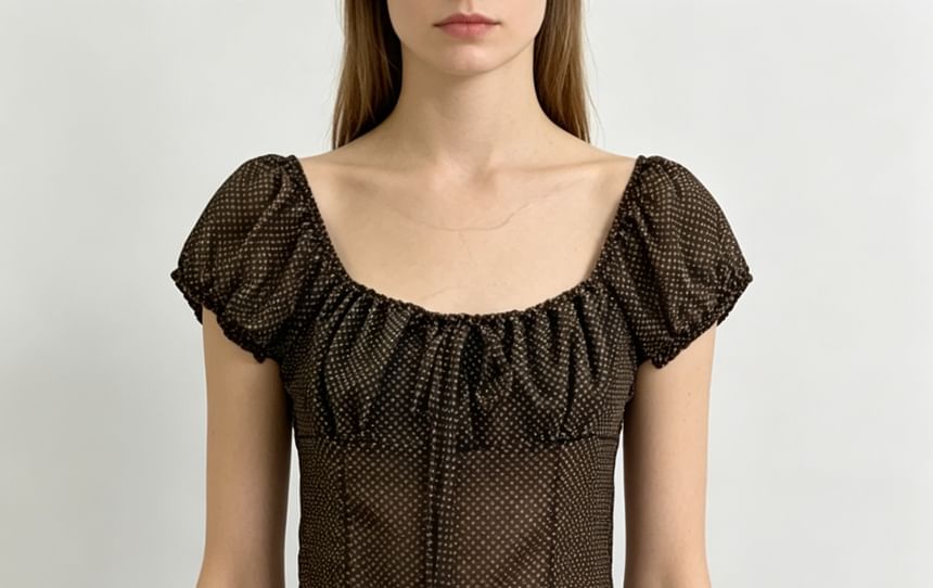 Polka Dot Puff Sleeve Sheer Tie-Front Blouse