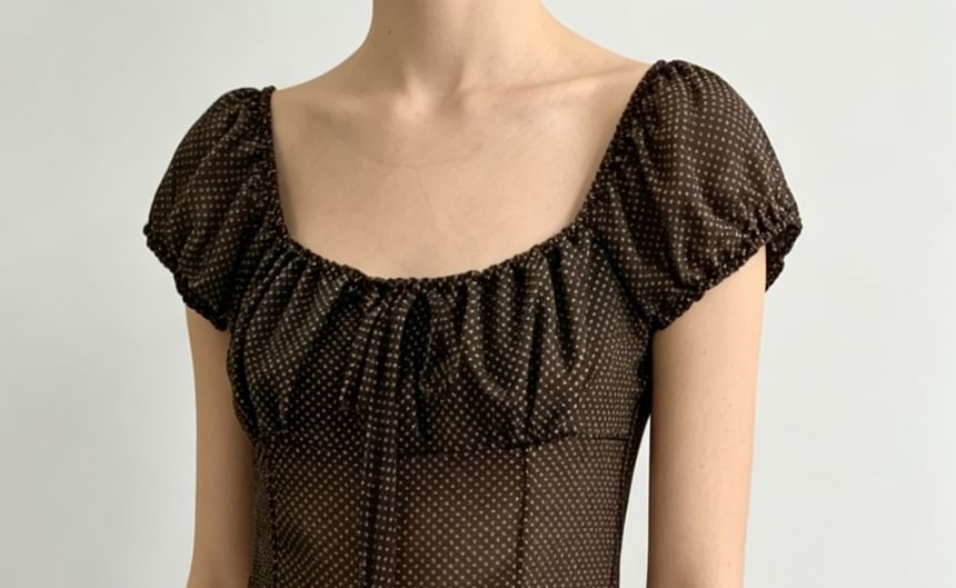 Puff-Sleeve Polka Dot Sheer Tie-Front Blouse