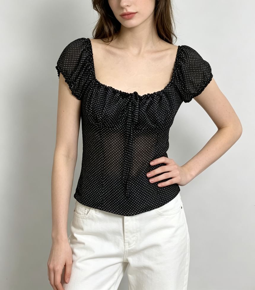 Puff-Sleeve Polka Dot Sheer Tie-Front Blouse