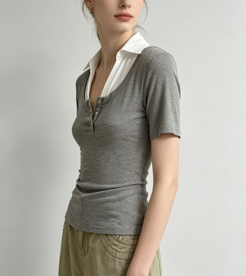 Mock Two Piece Collared Color-Block Short Sleeve Top