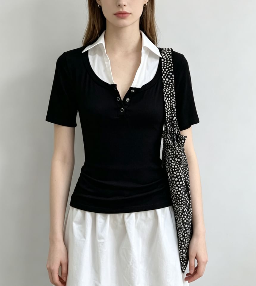 Mock Two Piece Collared Color-Block Short Sleeve Top