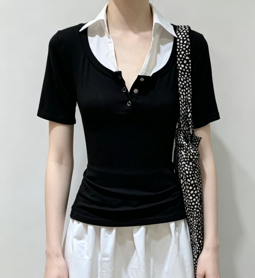 Mock Two Piece Collared Color-Block Short Sleeve Top