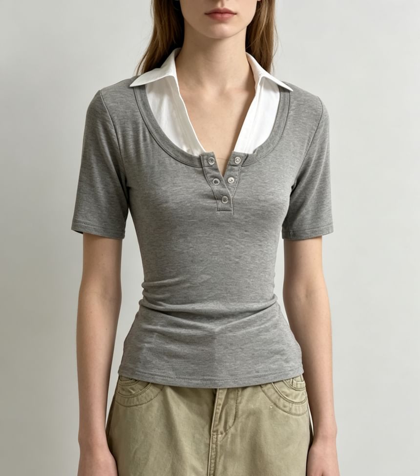 Mock Two Piece Collared Color-Block Short Sleeve Top