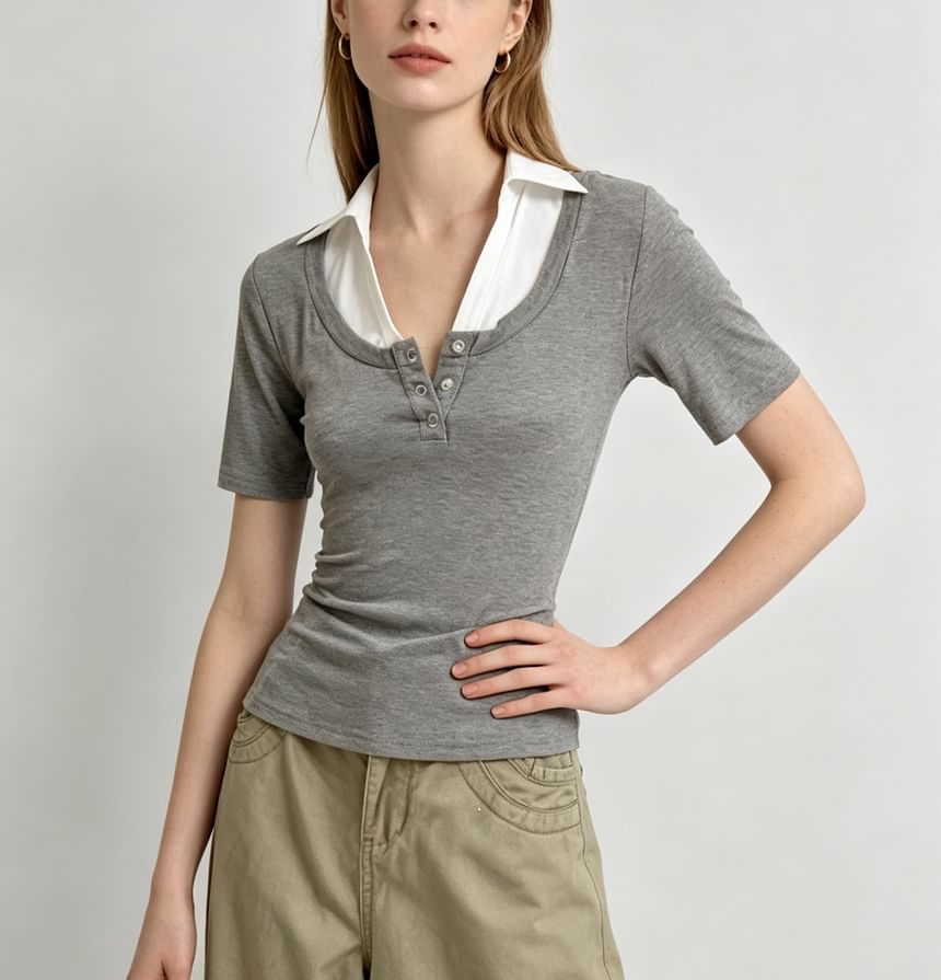Mock Two Piece Collared Color-Block Short Sleeve Top