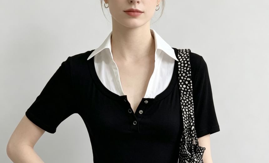 Color-Block Mock Two-Piece Collared Top