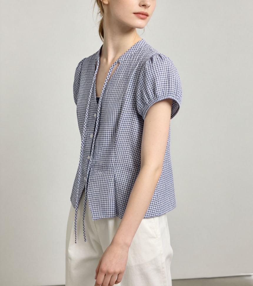 Puff-Sleeve V-Neck Gingham Tie-Front Blouse