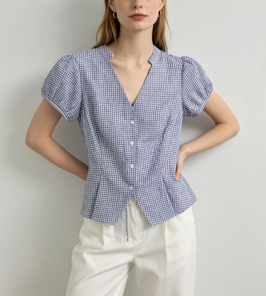 Gingham Puff Sleeve V-Neck Tie-Front Blouse