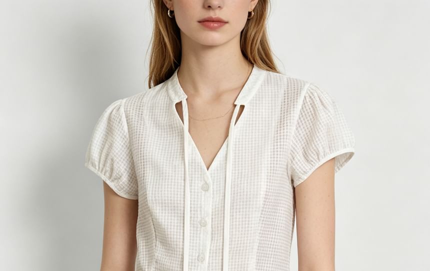Gingham Puff Sleeve V-Neck Tie-Front Blouse