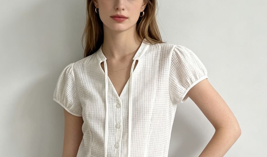 Gingham Puff Sleeve V-Neck Tie-Front Blouse