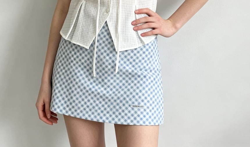 Gingham Puff Sleeve V-Neck Tie-Front Blouse