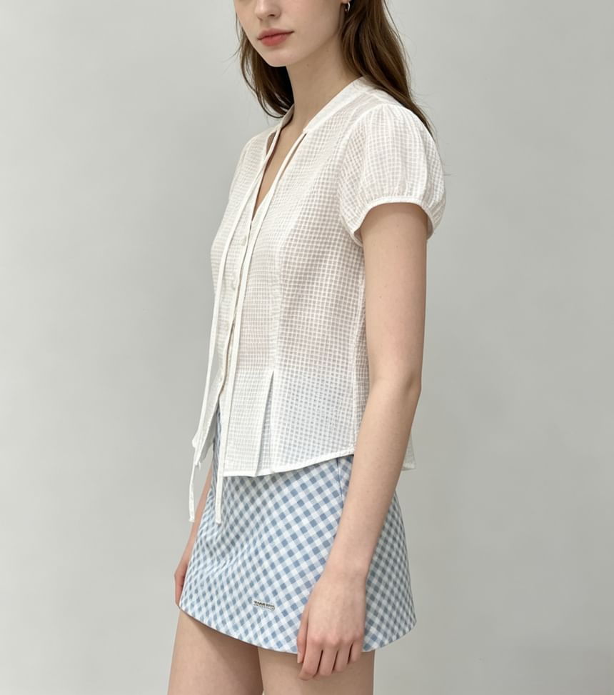 Gingham Puff Sleeve V-Neck Tie-Front Blouse