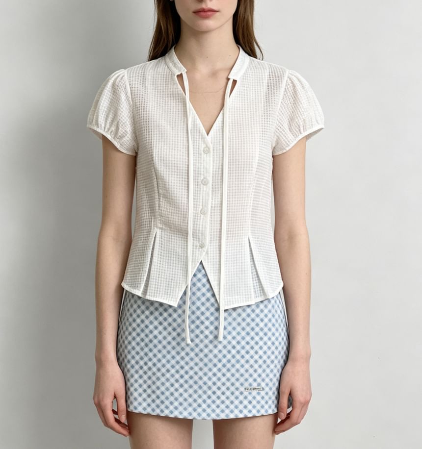 Puff-Sleeve V-Neck Gingham Tie-Front Blouse