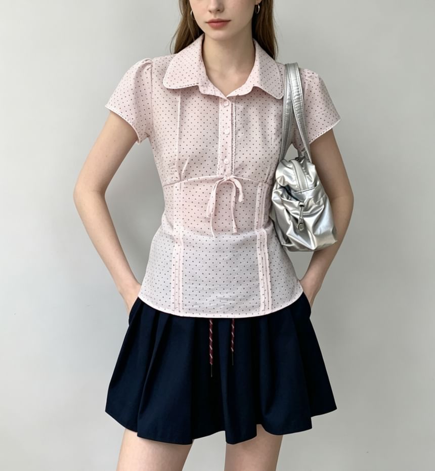 Polka Dot Lace-Trim Collared Tie-Front Short Sleeve Blouse