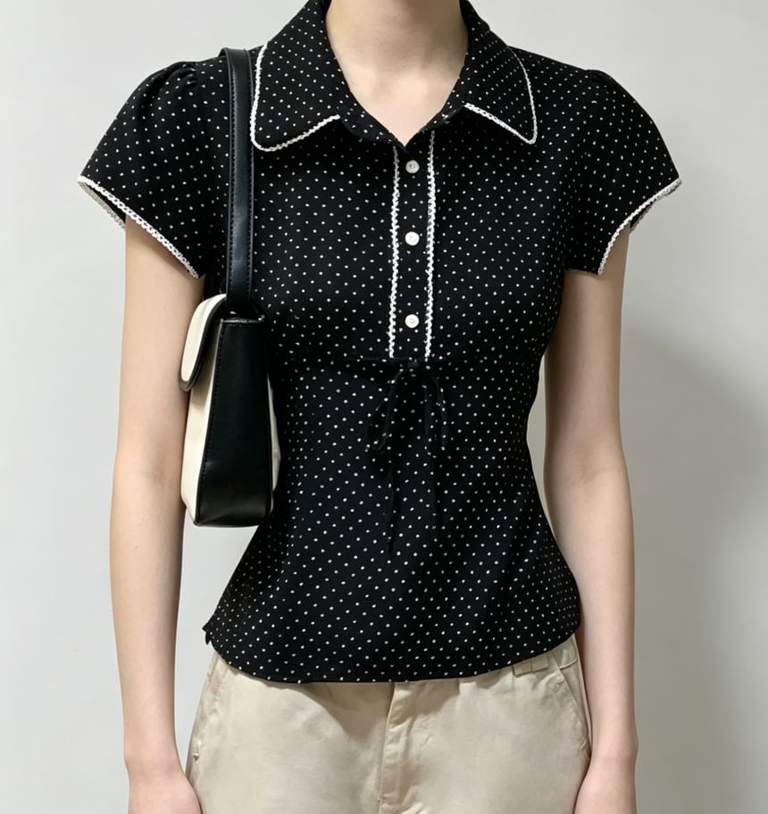 Collared Lace-Trim Polka Dot Tie-Front Blouse