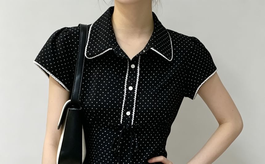 Collared Lace-Trim Polka Dot Tie-Front Blouse