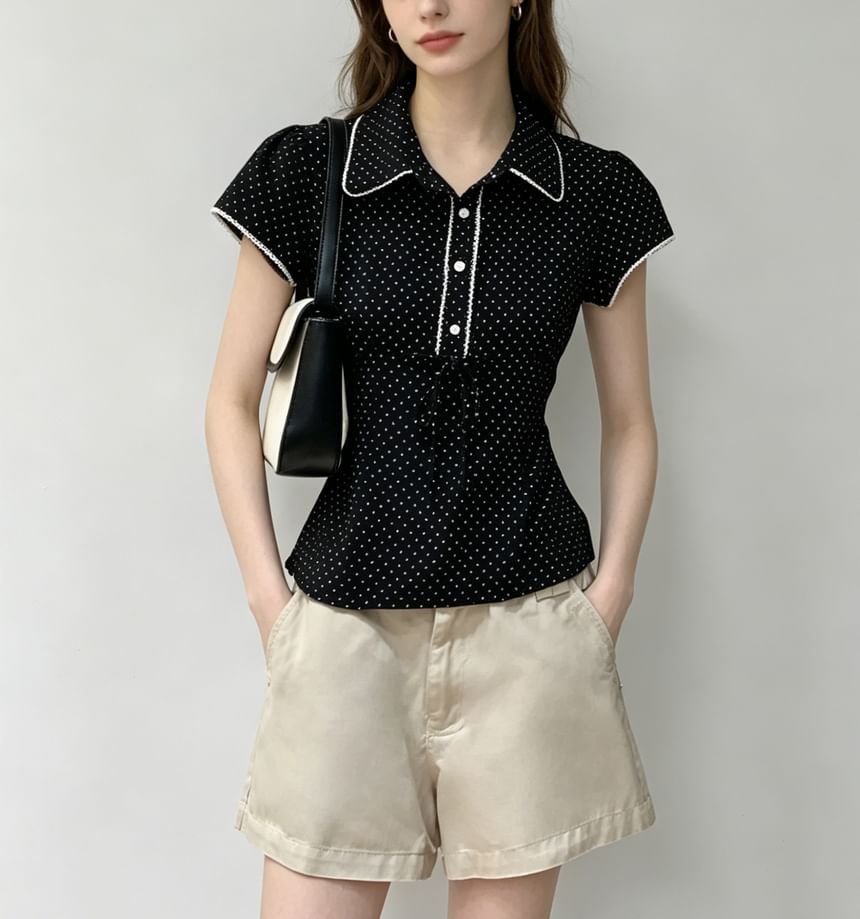 Collared Lace-Trim Polka Dot Tie-Front Blouse