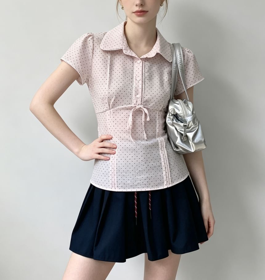 Polka Dot Lace-Trim Collared Tie-Front Short Sleeve Blouse
