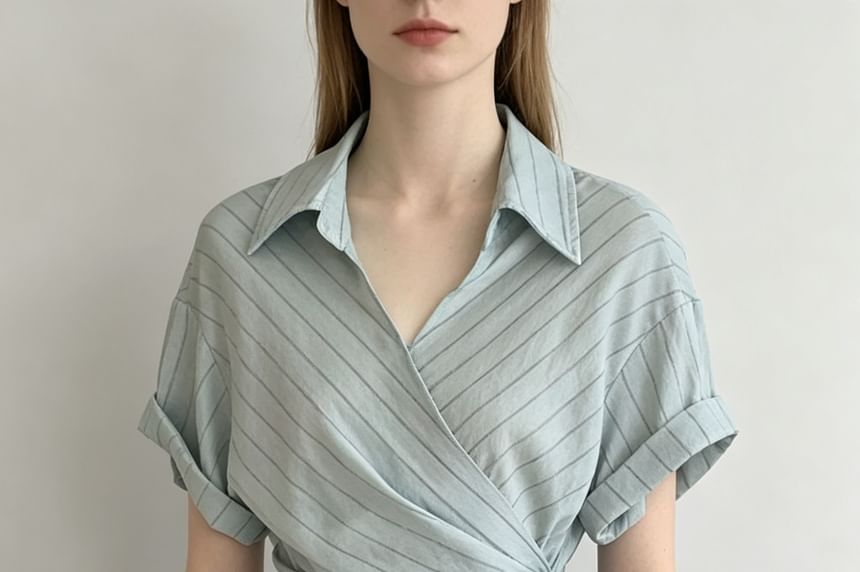 Striped Short Sleeve Asymmetric Hem Tie-Waist Shirt
