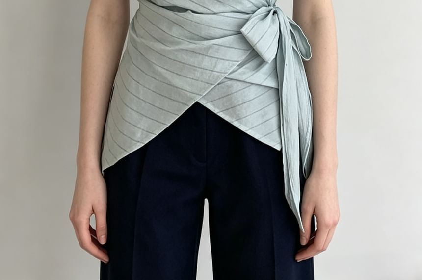 Striped Short Sleeve Asymmetric Hem Tie-Waist Shirt